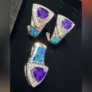 Elegant 925 Silver and Purple Earrings and Slide/Pendant Set